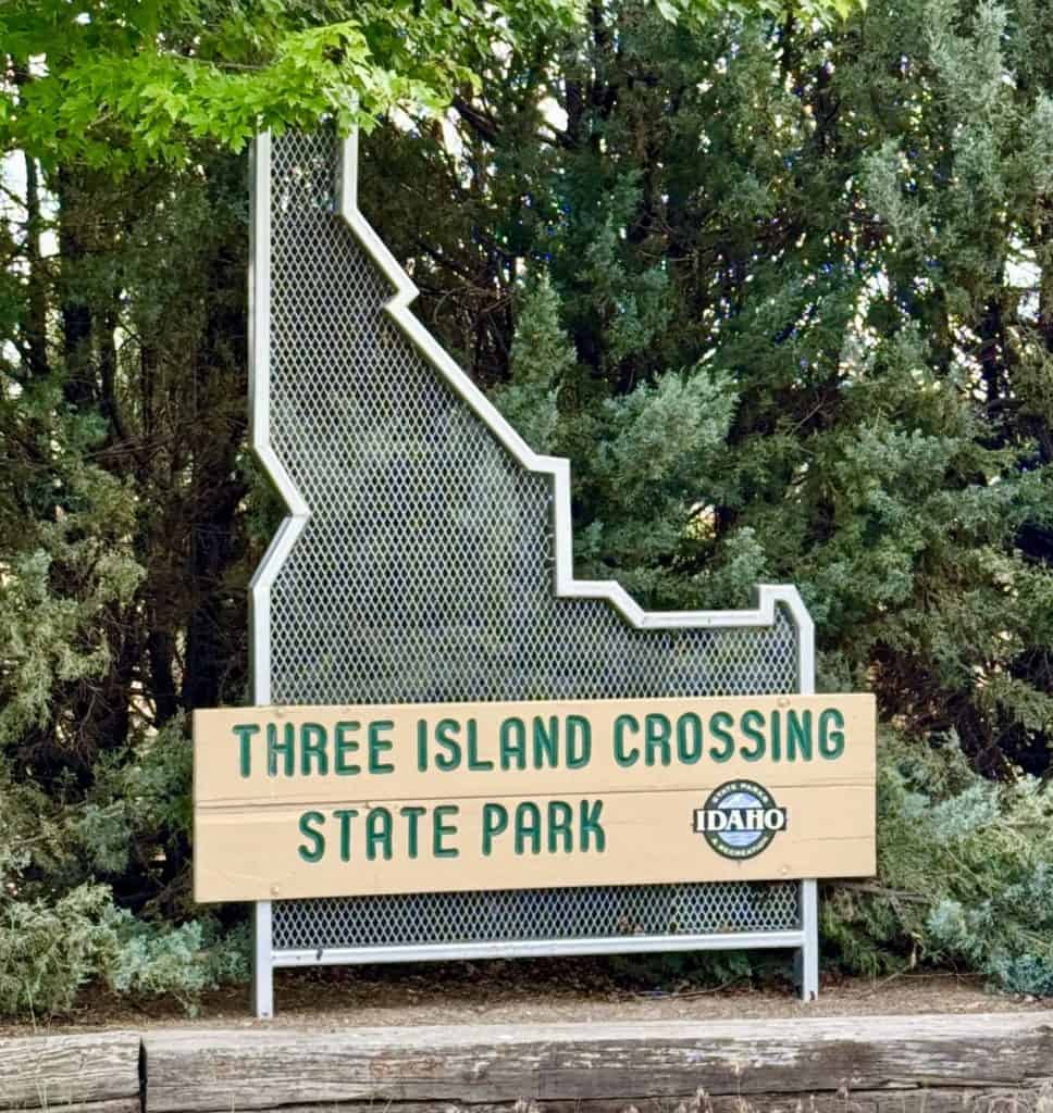 Three Island Crossing State Park sign.