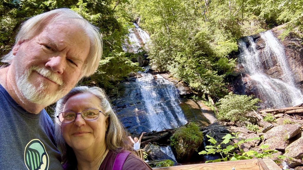 Cindy and Jeff in front of the Anna Ruby Falls in Chattahoochee National Forest on September 10, 2025.