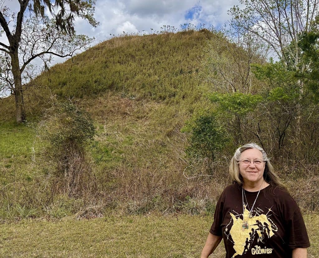 Cindy on lower side of Mound “A” at Kolomoki Mounds State Park on March 31, 2026.
